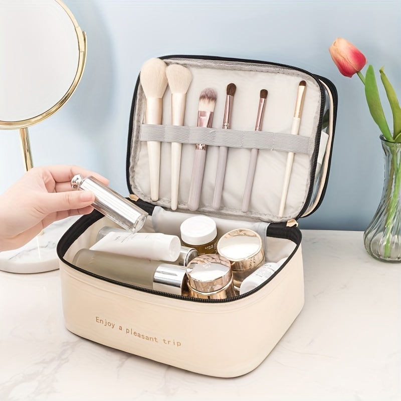 Stylish and practical travel makeup bag with double layers, made of waterproof PU material, featuring a transparent wash bag and large storage capacity.