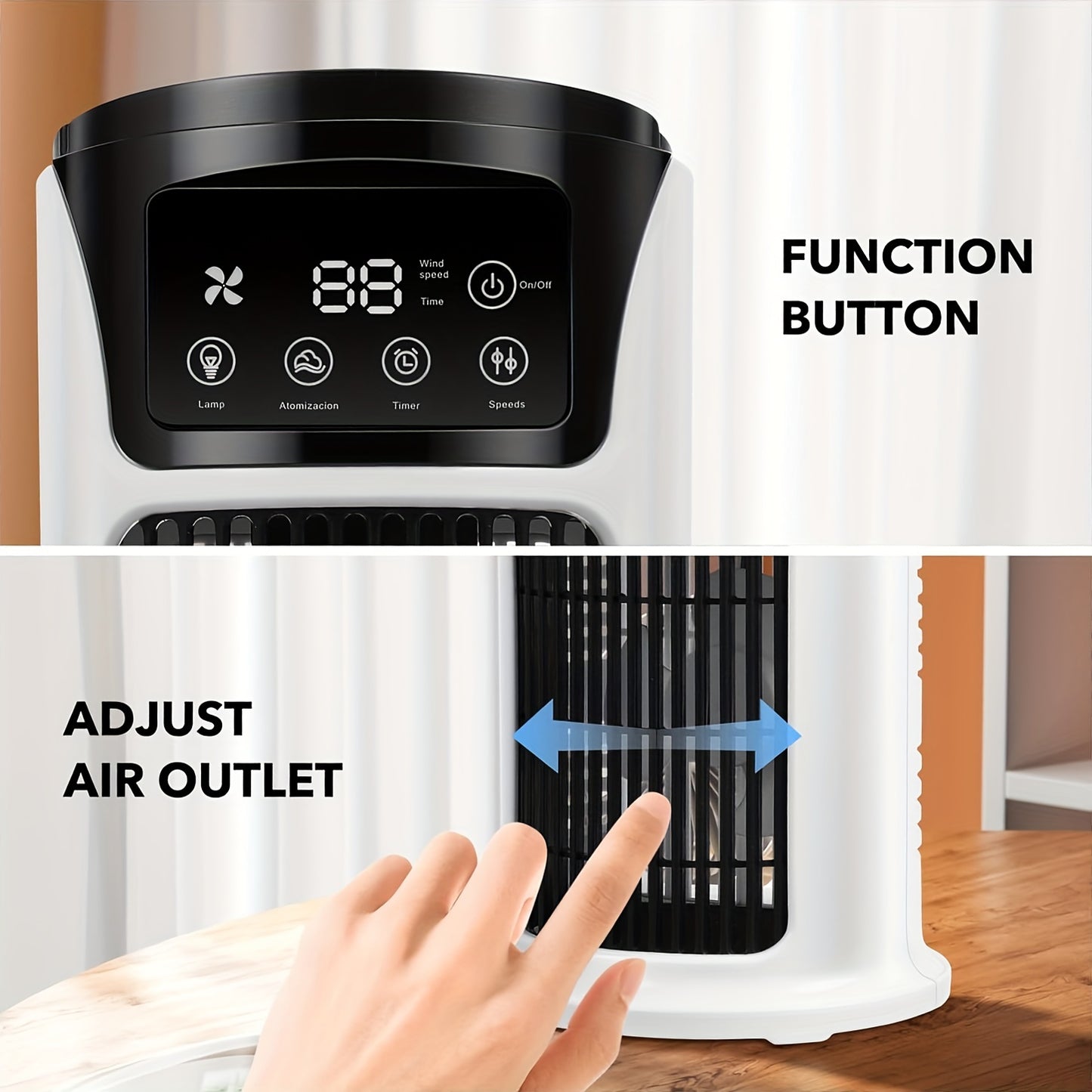 USB powered portable air conditioner humidifier with 6 adjustable speeds, 300ml water tank, ideal for various room types, made of durable plastic, operates on ≤36V.