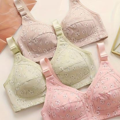 Set of 3 elegant floral applique wireless bras with high support push-up design and comfortable breathable fabric for adults.