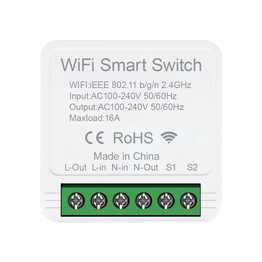 16A Mini WiFi Smart Switch for easy home automation, voice-controlled with Alexa & Google Assistant.