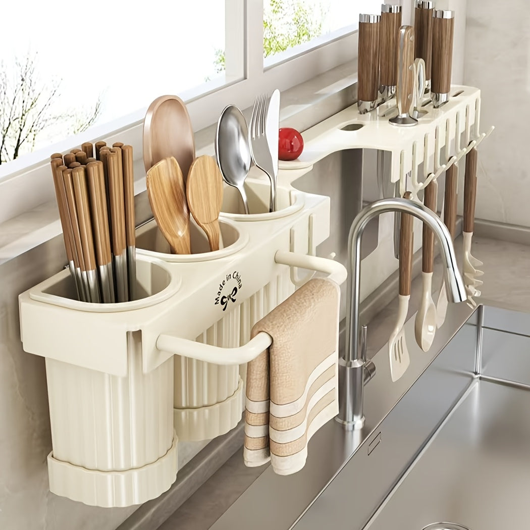 Luxurious Foldable Corner Kitchen Utensil Holder, Upgraded Design with Carbon Steel Material, Wall-Mounted Organizer for Cutlery and Spoons. Includes Drain Storage Cups and Towel Bar, No-Drill Installation option available.