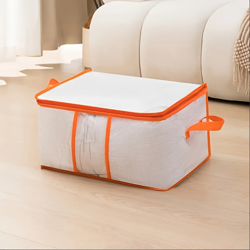 Large capacity transparent PVC storage bag with fixed handles, waterproof and dustproof, ideal for organizing dorm clothes and bedding, as well as providing a practical under-bed storage solution in the bedroom.