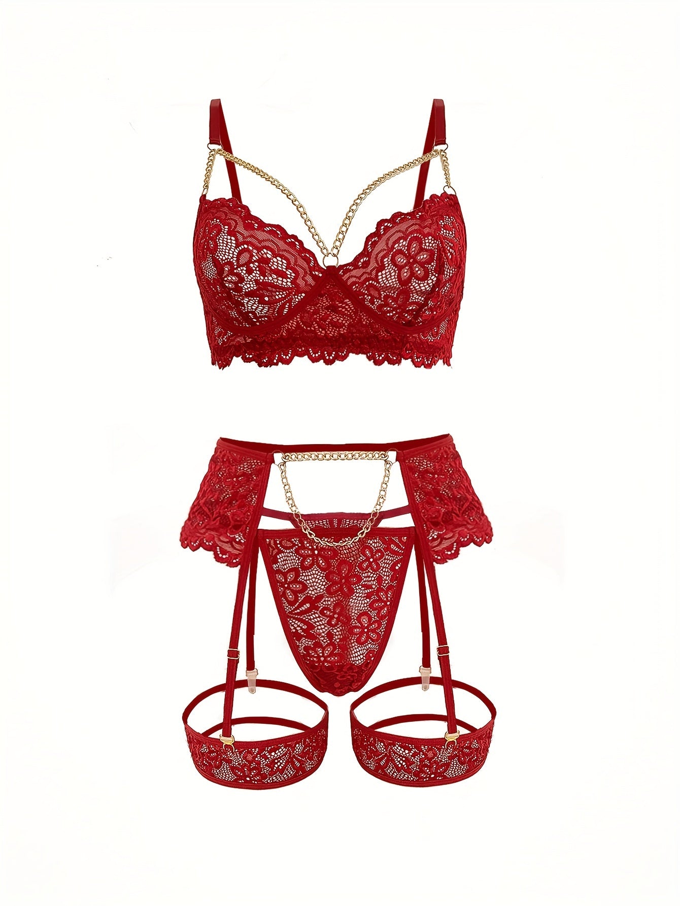 3-piece sexy lingerie set with flower lace detailing, golden chain accents, a see-through bra, thong, and garter belt.