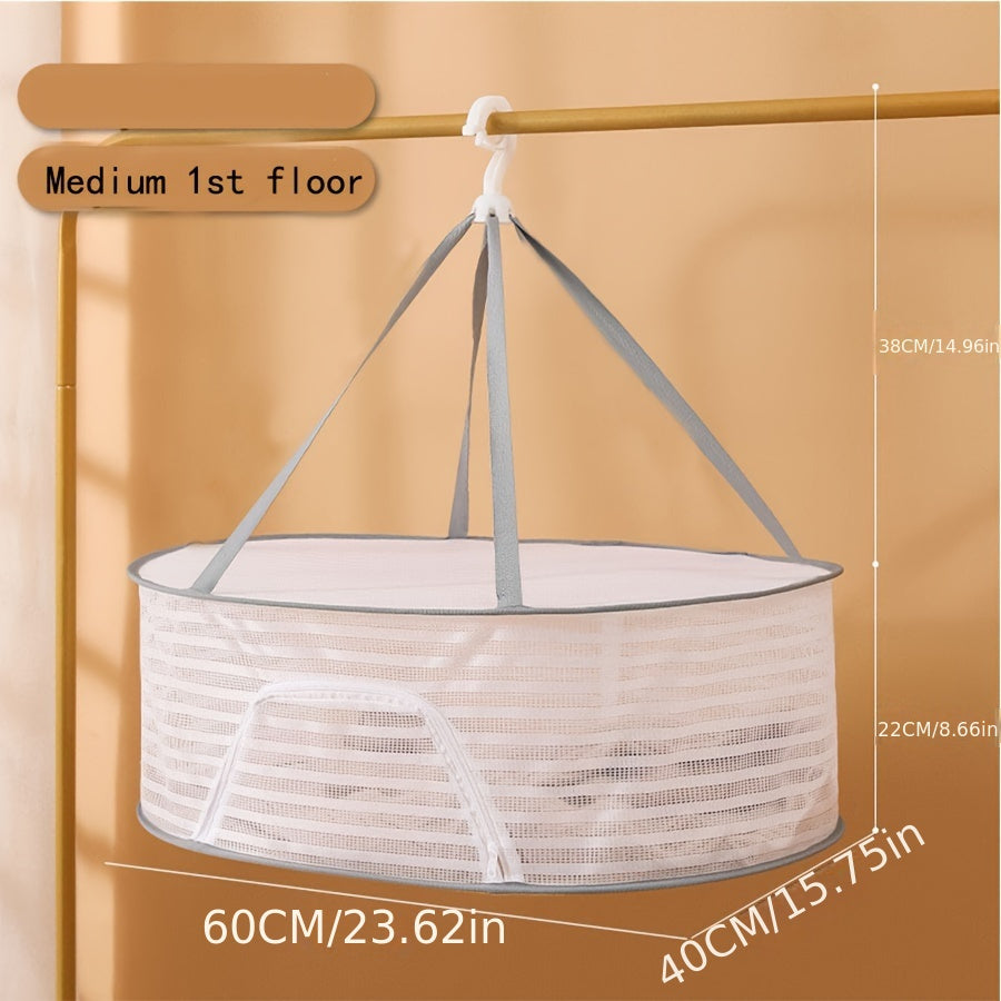 3-Tier Foldable Mesh Drying Rack with Zipper - Multi-functional Hanging Dryer for Laundry, Fish, and More - No Electricity Required, Ideal for Balcony, Clothing Drying, and Organization purposes.