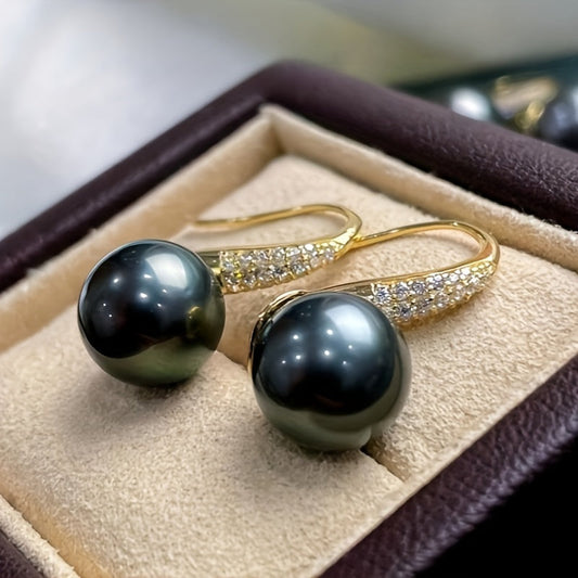 Elegant Black Shell 18K Gold Plated Round Pearl Stud Earrings - Classic Minimalist 10mm Design for Women