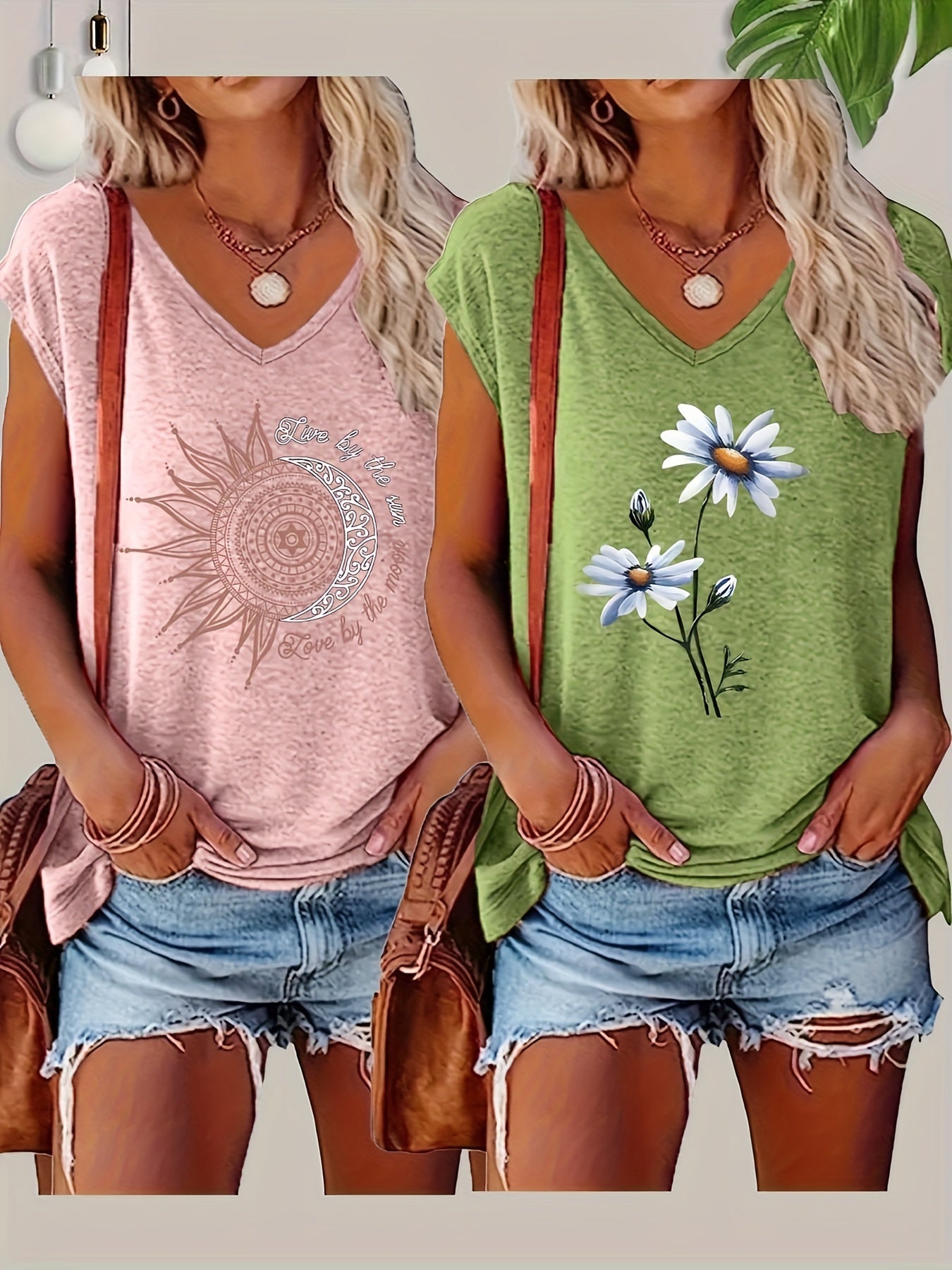 2 Women's V-Neck T-Shirts in Pink & Green - Short Sleeve, Breathable Rayon Blend with Floral & Geometric Patterns, Ideal for Spring/Summer Casual Wear|Relaxed Fit Tee