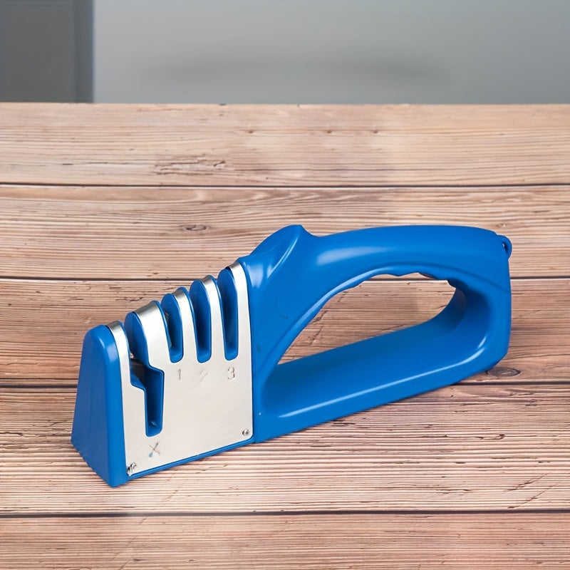 This durable plastic Multi-Stage Sharpener is a 4-Level Manual Knife and Scissor Sharpener that does not require electricity. It is a reusable and multifunctional sharpening tool ideal for use in commercial settings, homes, schools, and RVs.