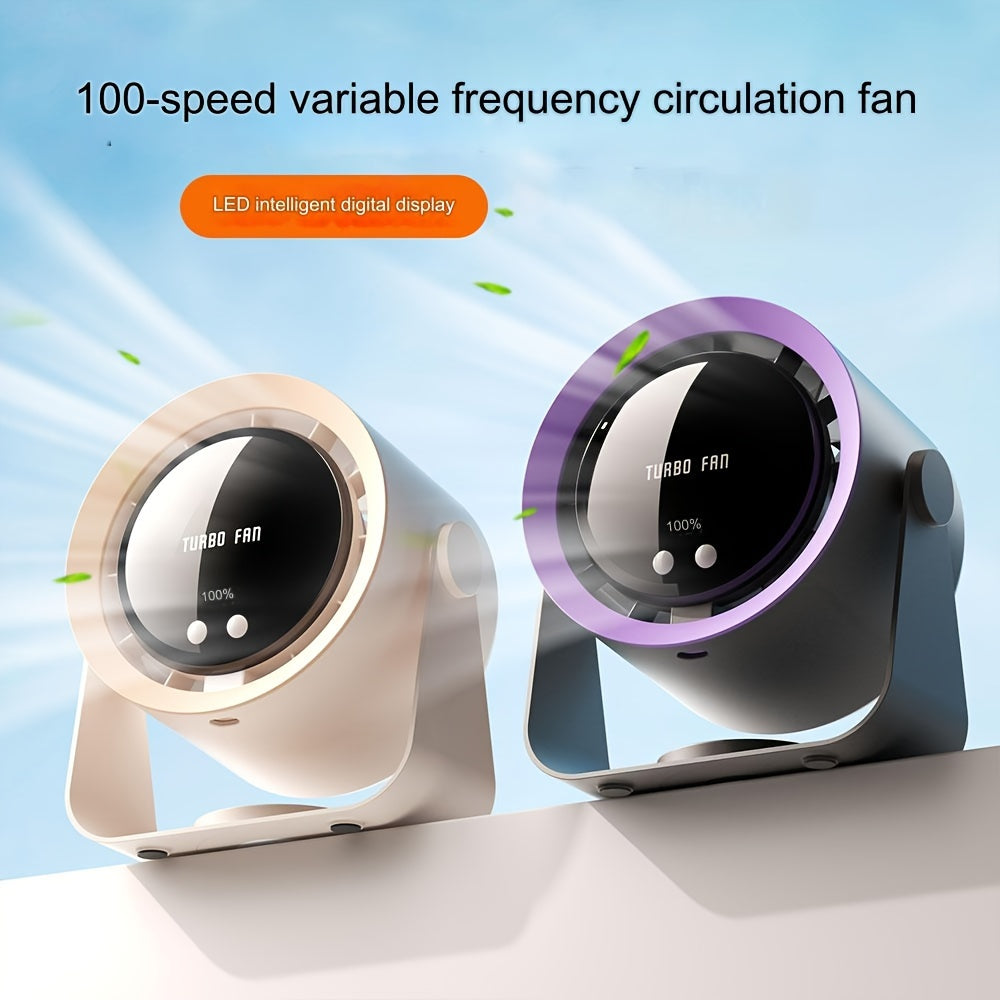 Portable Bladeless Table Fan with Turbo Technology and Touch-Activated Digital Screen, 100-Speed Adjustability, USB Rechargeable Desk Fan with LED Display, Ultra-Quiet Air Circulation for Home, Office, and Outdoor Activities - Lightweight and Convenient