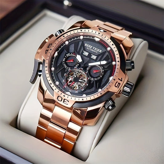 REEF TIGER Overlord Men's Tourbillon Mechanical Watch, Large Size, Classic Brand.