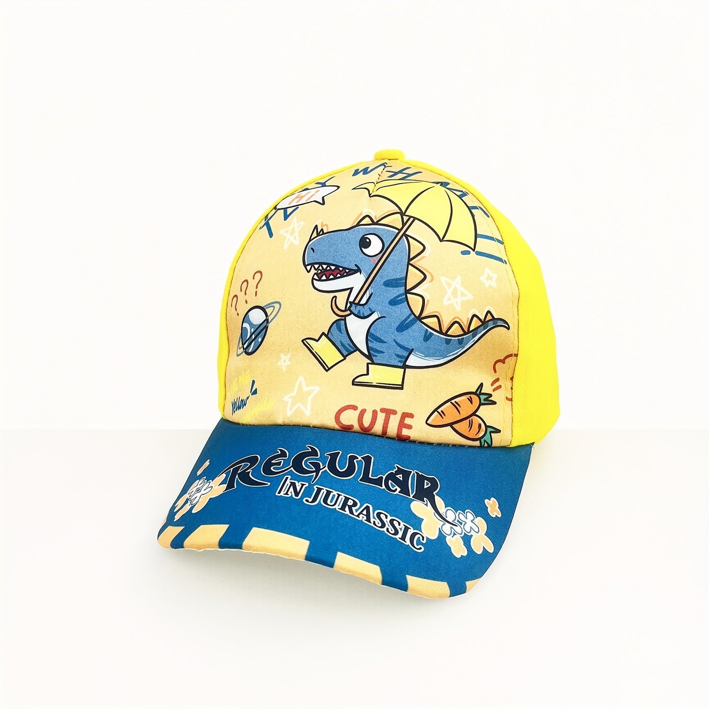 Adjustable cartoon dinosaur print baseball cap for boys and girls.