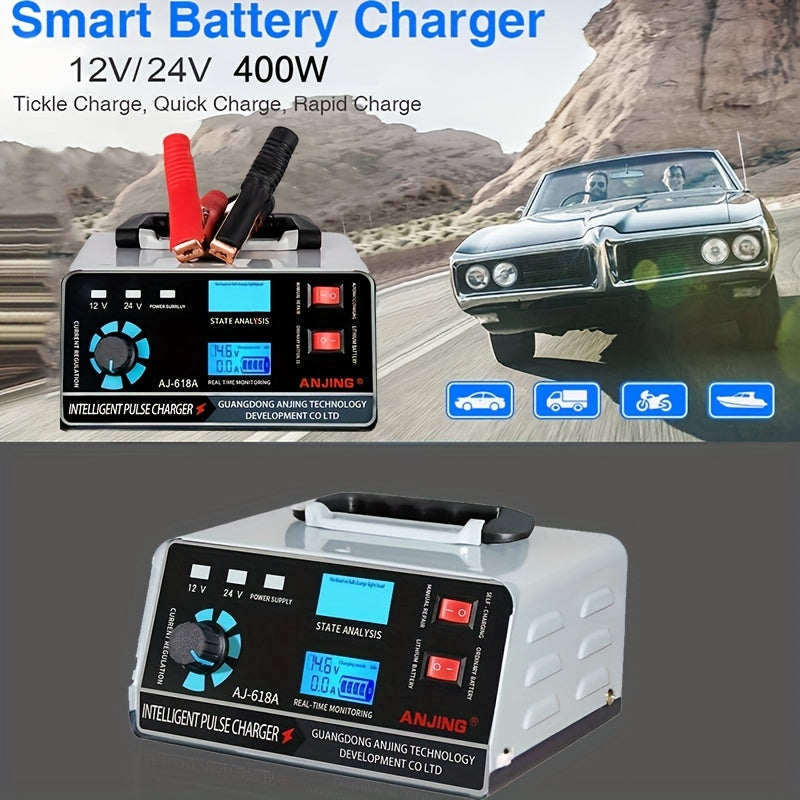 AU Plug Car Battery Charger for 12V 30A/24V 17A 400W Lithium batteries, suitable for car, boat, motorcycle lead acid batteries. Charger maintains battery without battery included.