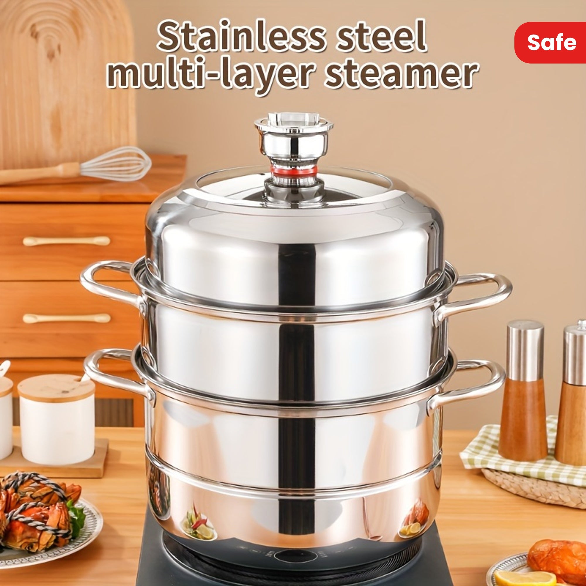 This versatile stainless steel steamer set includes a three-layer design with 1 soup pot, 1 steamer, 2 steamer plates, and 1 pot lid. With a deep capacity and multifunctional capabilities, this cooking pot can steam, boil, stew, and make soup with ease.