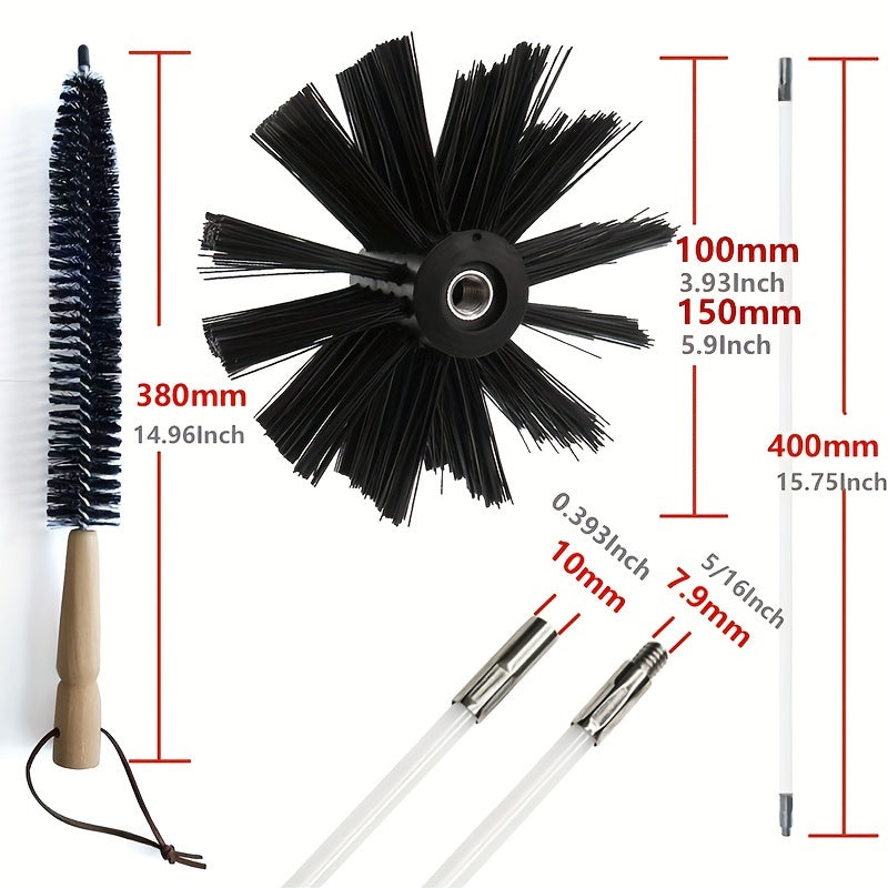 This kit includes a set of flexible 9/18 flexible rods for cleaning dryer vents and pipes, along with a 1/2 inch brush head cleaning brush and a dryer lint brush. It can also be used for cleaning fireplaces.