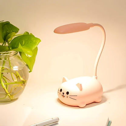 Adjustable Cartoon Cat LED Night Light in Pink/Green/Blue/White, USB Rechargeable with Flexible Neck for Easy Positioning. Eye-Caring Desk Lamp for Youngsters. Cute Smiling Cat Design.