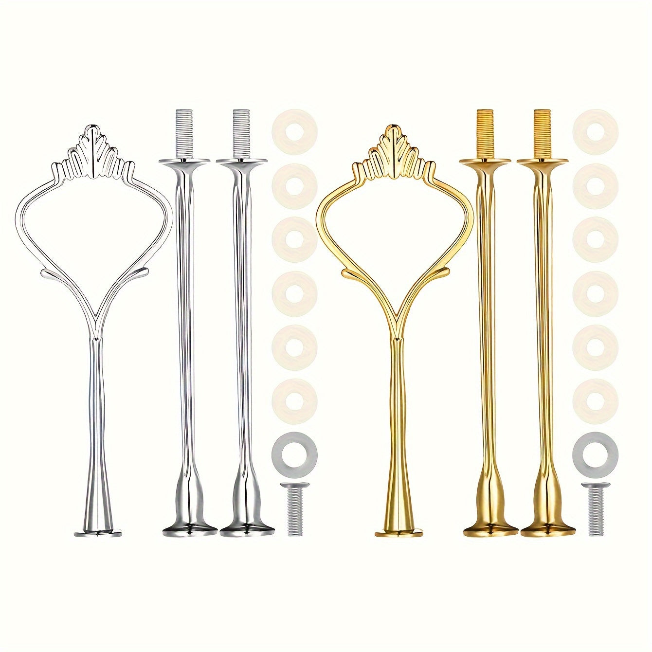 Cake stand hardware accessories including a 3-tier cake stand mold, crown resin crafts, perfect for weddings and parties. Ideal for serving cupcakes and desserts. Available in golden and silvery.