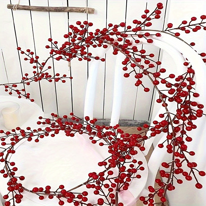 69-inch artificial cranberry vine in plastic red holly, perfect for home, wedding, and Christmas decor. Can be used as a versatile faux berry garland for tables, New Year's celebrations, and engagement parties.