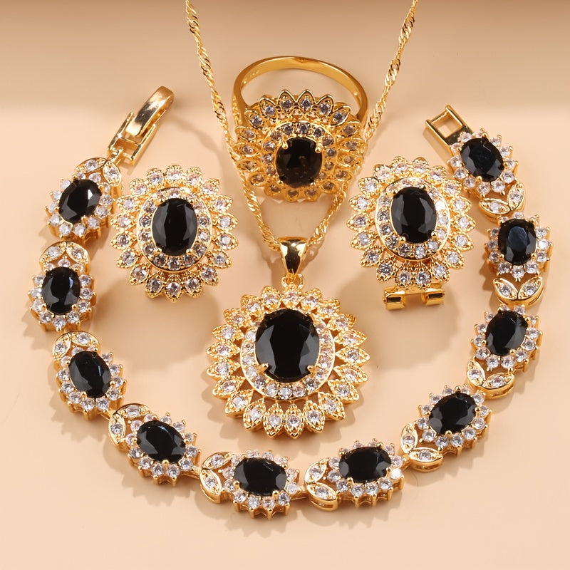 5-Piece Sunflower Jewelry Set with Cubic Zirconia for Women - Featuring Earrings, Ring, Necklace, and Bracelet - Ideal for Special Occasions like Weddings, Mother's Day, Valentine's Day, Parties, and Christmas, Perfect Gift for Brides