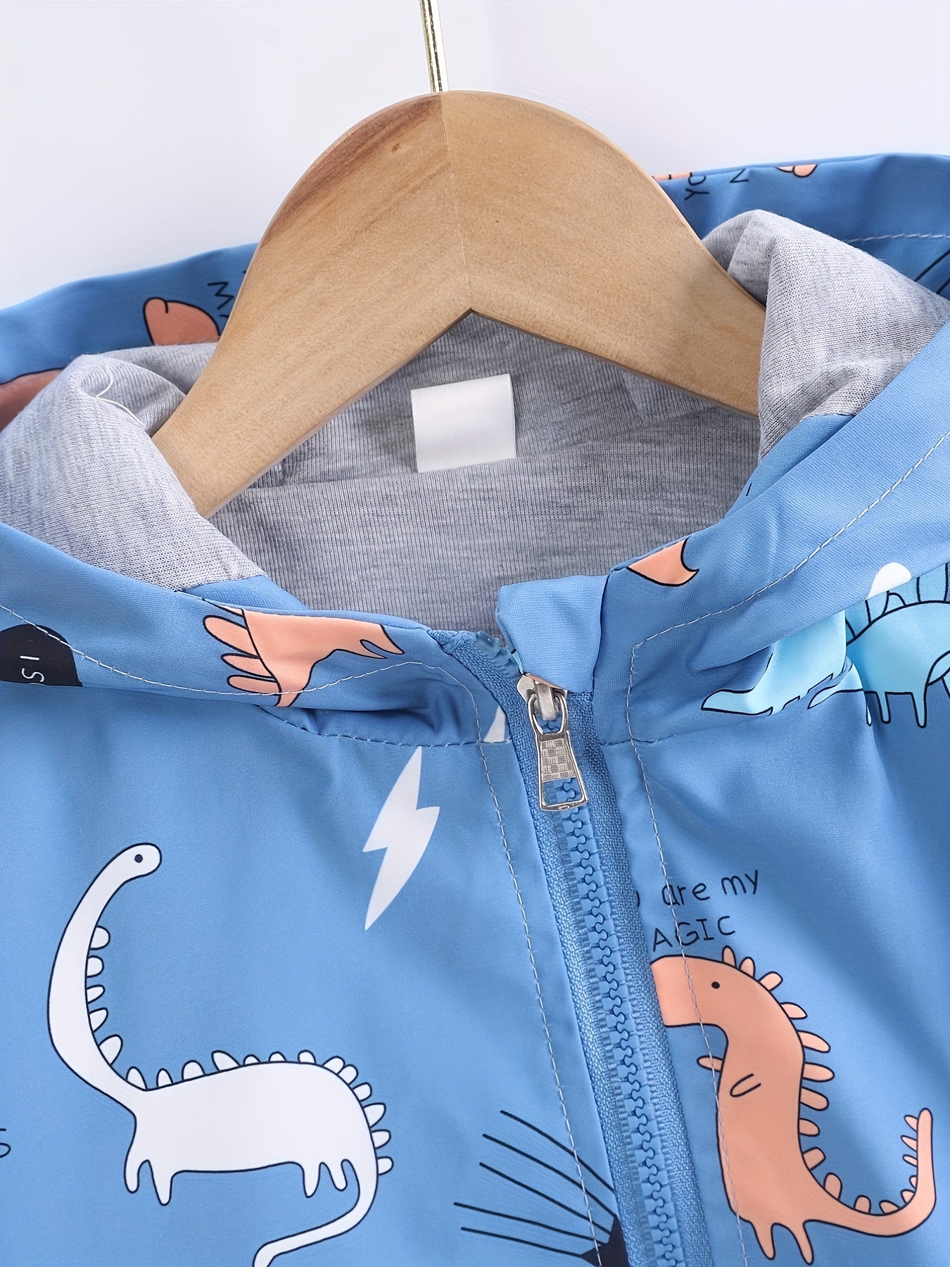 Boys hooded jacket with cartoon dinosaur and rainbow print, featuring long sleeves and zip-up closure, suitable for outdoor activities.