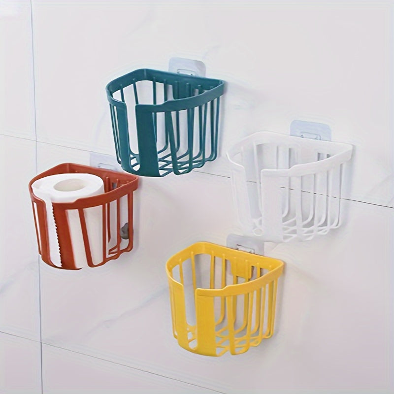 Wall-mounted toilet paper holder with punch-free installation, storing toilet tissue and roll paper for a stylish bathroom.