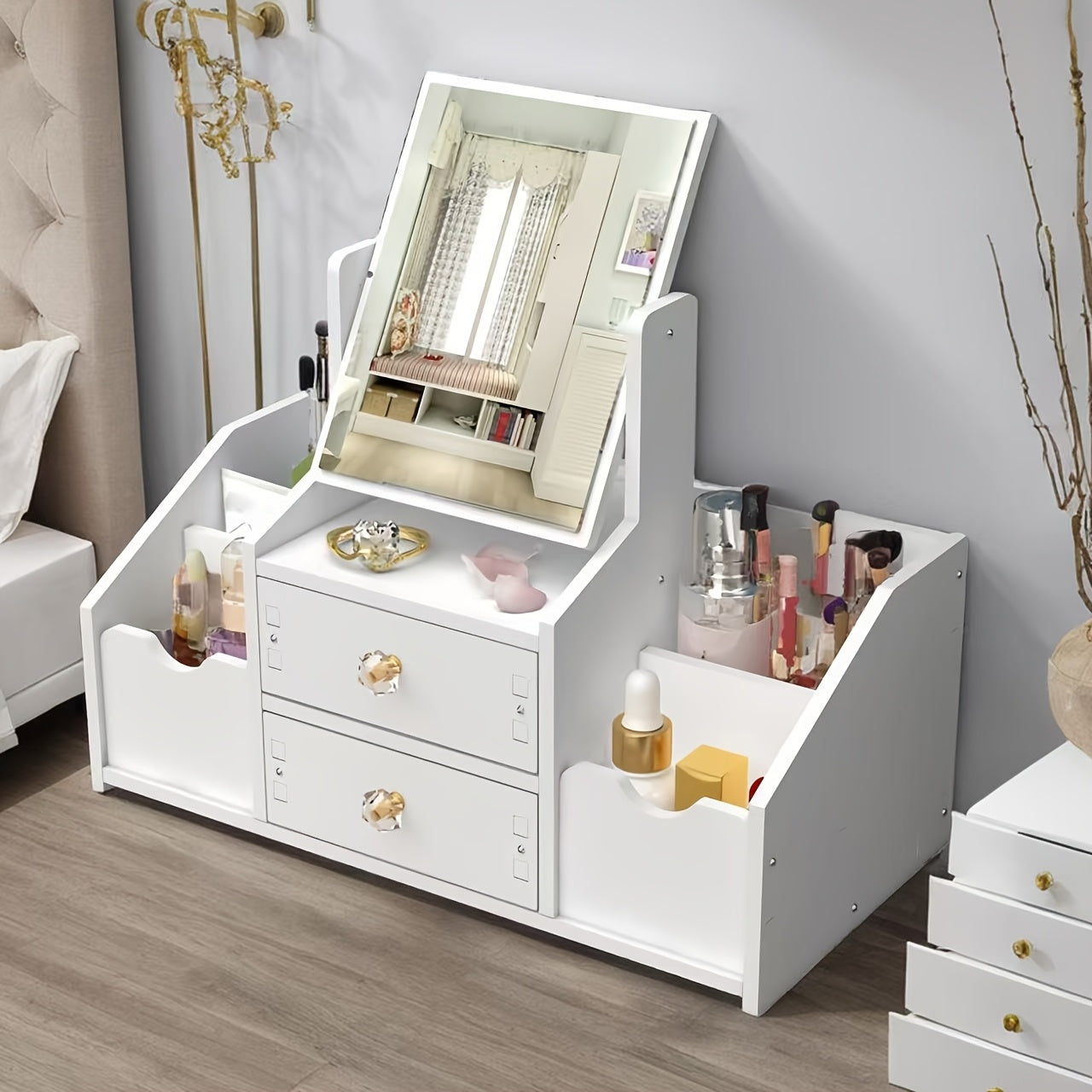 Countertop makeup organizer with mirror, drawer, and floral design for skincare products, iPhone holder, and lightweight use without electricity.