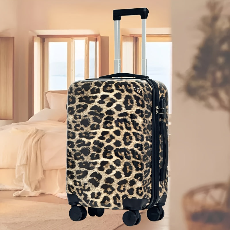 2-piece chic leopard print luggage set: 50.8cm hard-shell carry-on & 35.56cm cosmetic case. Made of durable ABS+PC material with TSA-approved combination lock and spinner wheels. Stylish