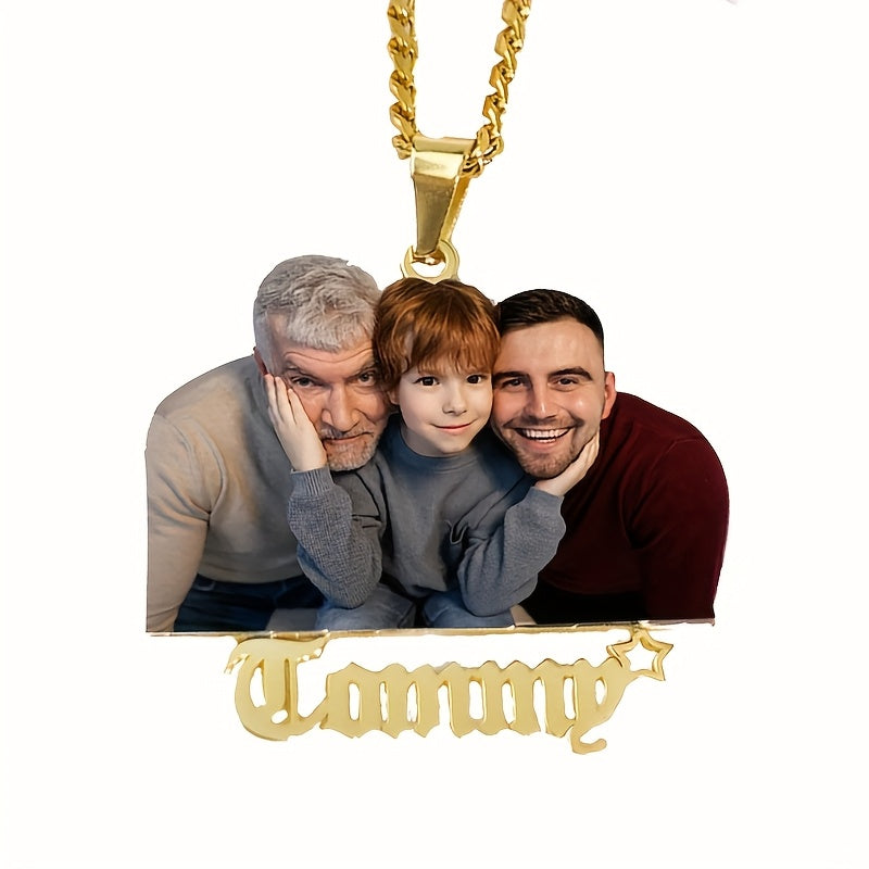 Personalized 18K Golden Plated Stainless Steel Photo Necklace with Engraved Name - Perfect for Mother's Day, Father's Day, New Year, Christmas - Stylish Party Accessory and Versatile All-Season Jewelry