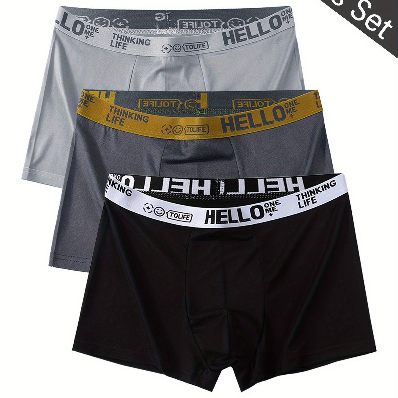 Three men's 'HELLO' Boxer Briefs made of breathable, stretchy, and quick-dry polyester-spandex blend. Features wide waistband, comfort fit, non-transparent, solid color. Machine washable.