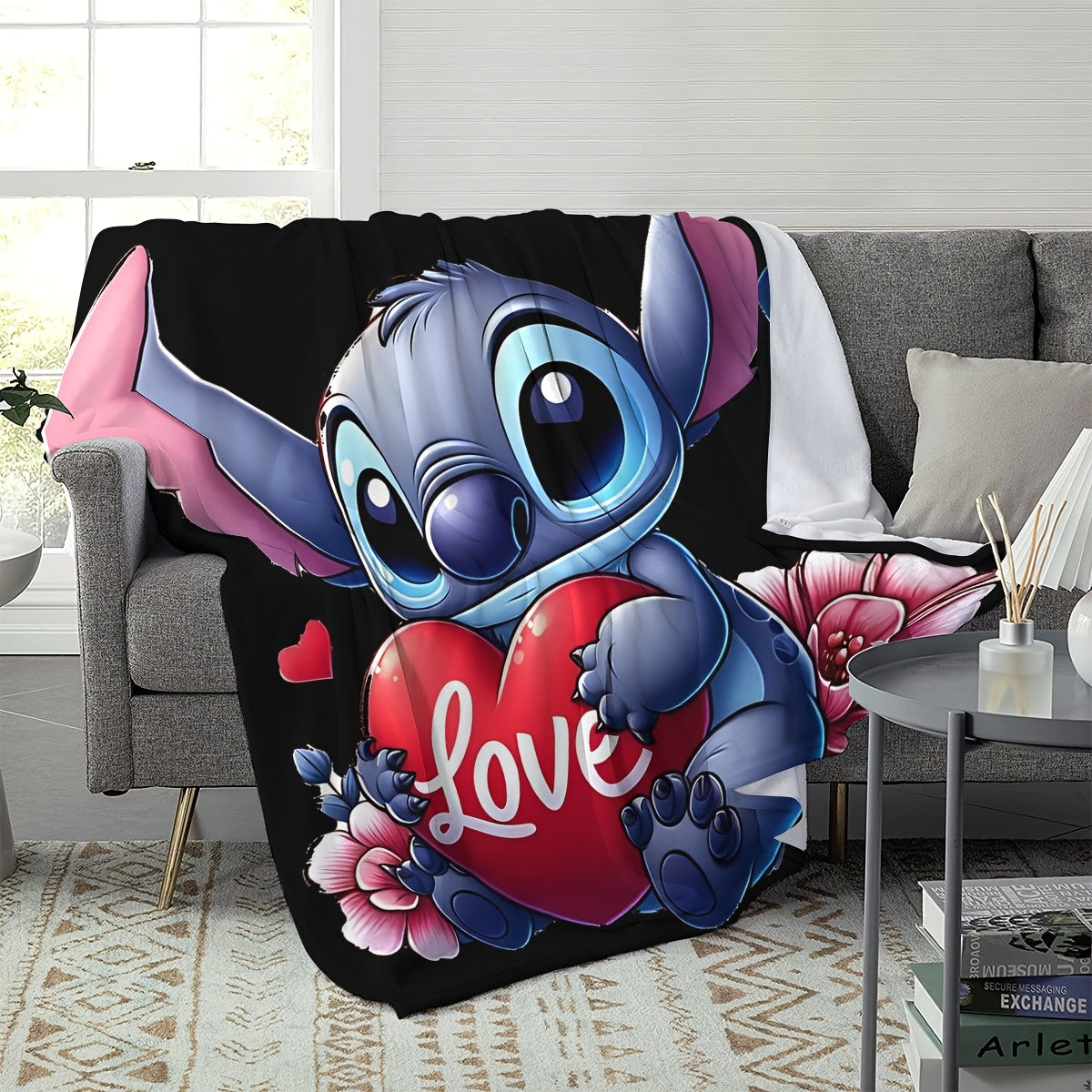 This Flannel Throw Blanket features a cute Stitch Cartoon Love Heart design, making it a perfect addition to any room. It is made of soft and cozy all-season multipurpose digital print fleece, crafted from 100% polyester and weighing 200-250g. The