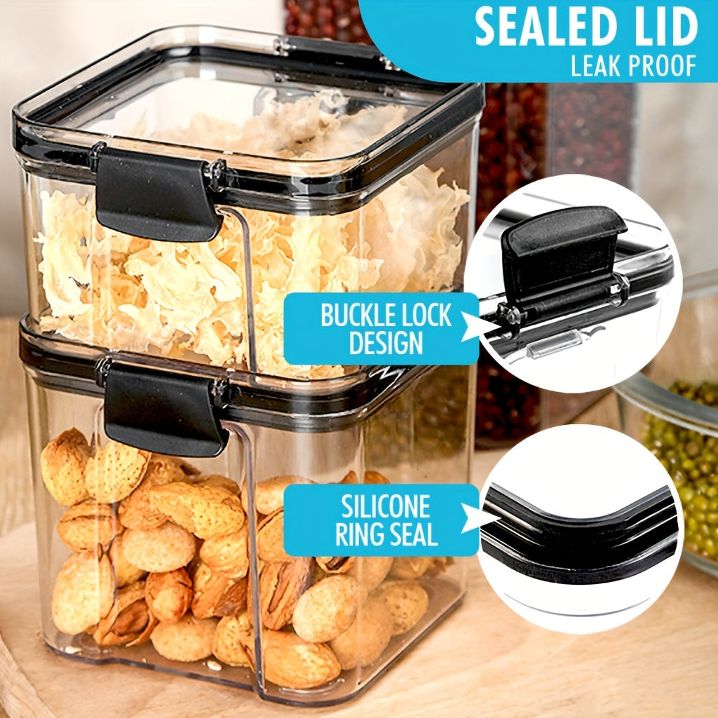 Set of airtight food storage containers - Clear plastic canisters with durable lids for organizing kitchen and pantry items like cereal, pasta, grains, nuts, and spices. BPA-free PET material, stackable design, and available in various sizes (small