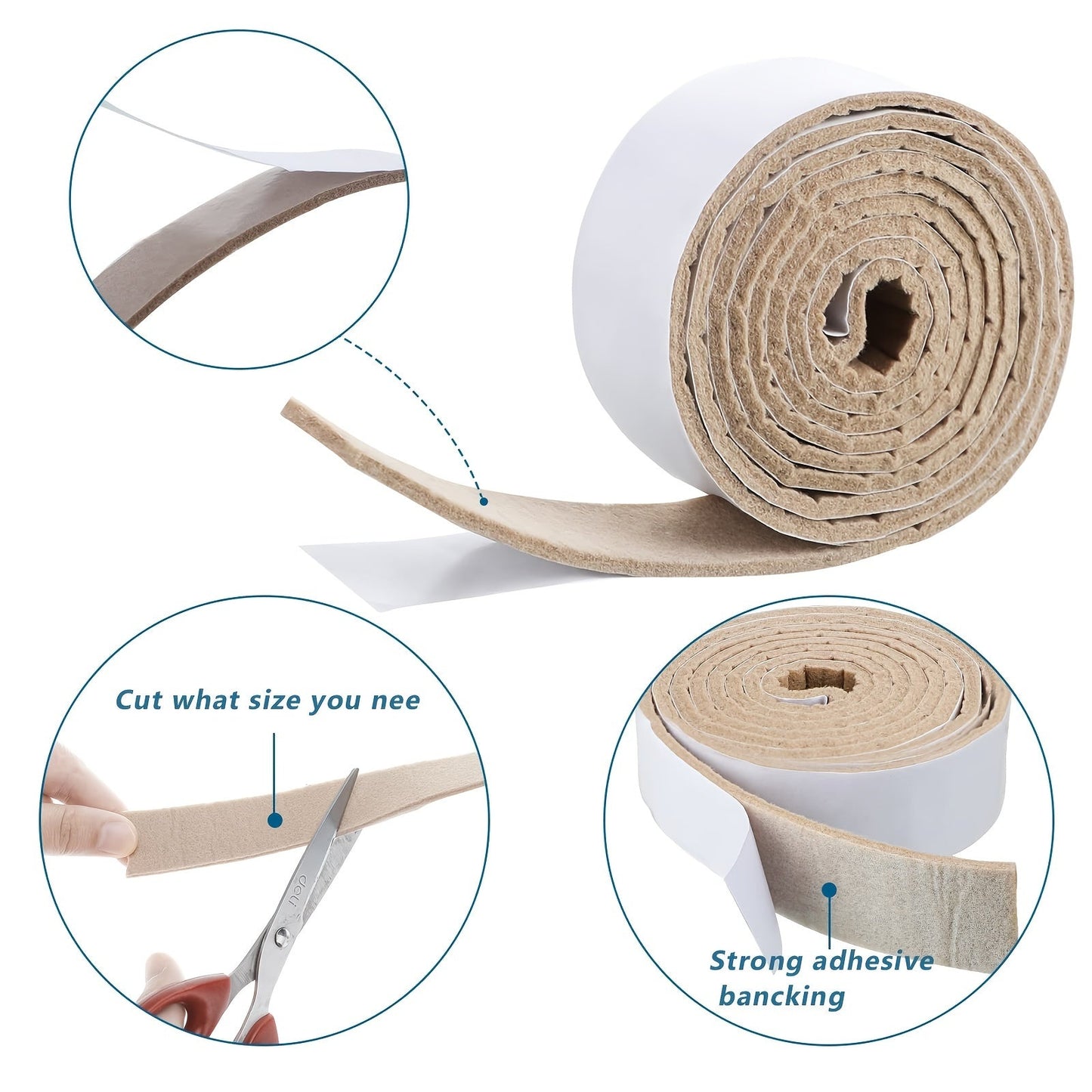 Two rolls of beige self-adhesive felt tape for non-slip furniture protection on hardwood floors, chairs, and walls. Each roll is 3.05 meters long, 2.54 cm wide, and 0.3 cm thick. Great for protecting your surfaces from scratches and damage.