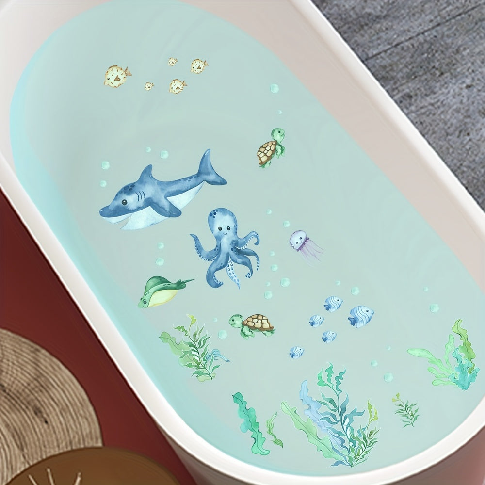 6 waterproof bathtub stickers featuring shark, seaweed, and octopus patterns to prevent slipping.