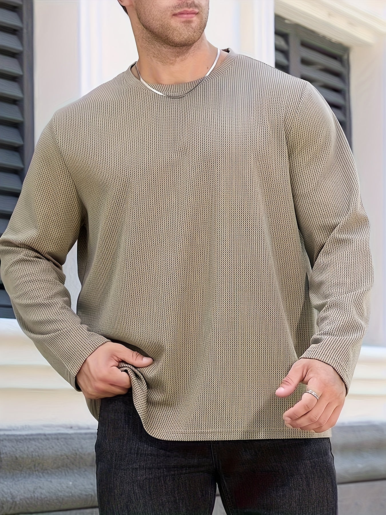 Men's Plus Size Dark Gray Long Sleeve Crewneck Top in Soft Polyester Knit, Warm & Comfortable for Fall and Winter, Machine Washable, Everyday Stylish Comfort Wear.