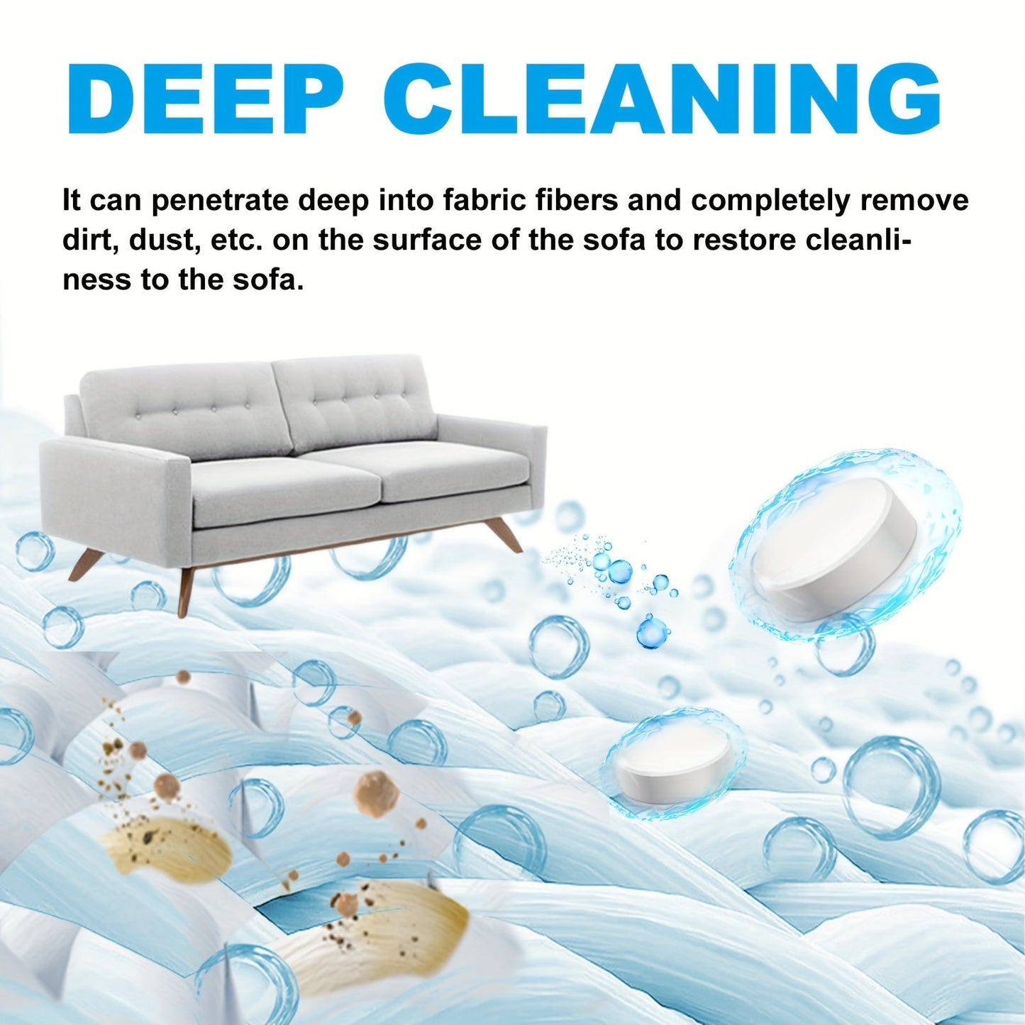 One piece of fabric cleaner tablets designed for sofas, carpets, and mattresses. Features a low odor, all-purpose citric acid formula for deep stain removal. Safe to use on all fabrics. Each tablet is 5g in size.