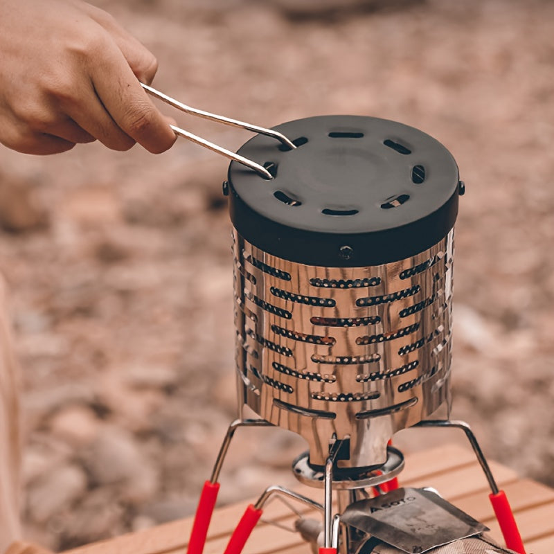 Compact stainless steel camping heater suitable for various stove heads, ideal for outdoor activities such as hiking and fishing.