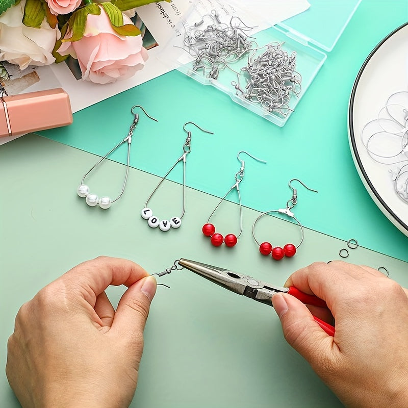 This listing includes a set of 400 earring making kits, featuring 100 earring hooks, 100 open jump rings, 100 earring backs, 100 teardrop and round beads, and circular earring supplies in silvery color. With pliers included as a gift, this set is perfect