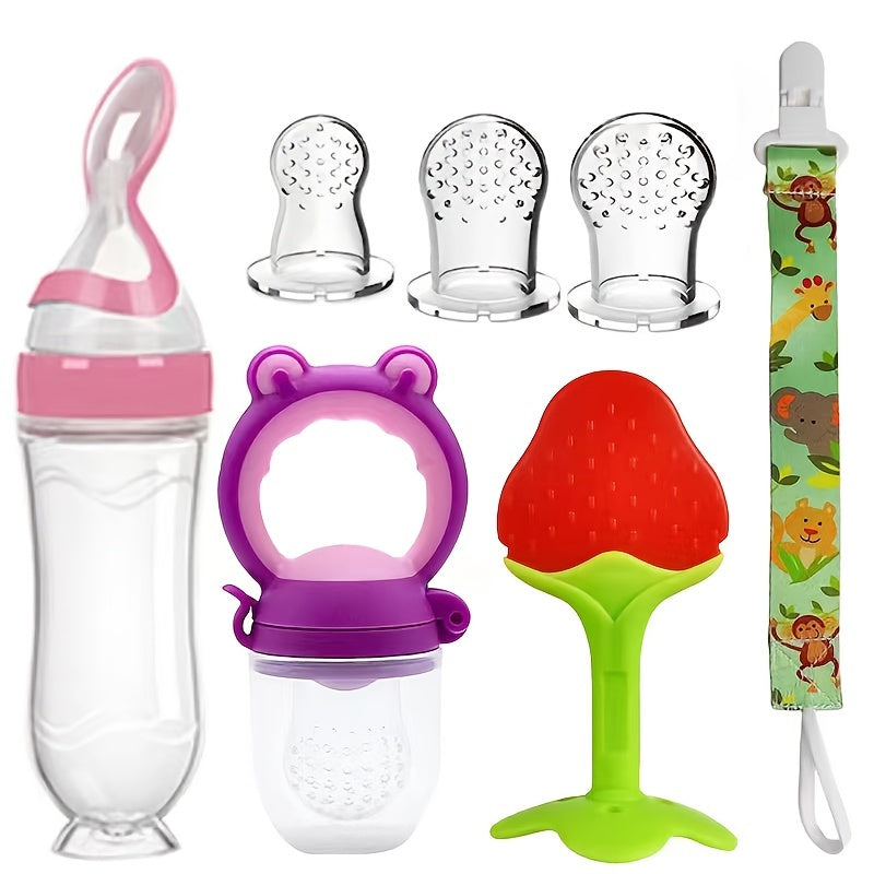 Baby Feeding Set includes 7 Pieces: Silicone Feeding Bottle with Spoon, Squeeze Baby Food Dispensing Spoon Feeder, Fresh Food Feeder Pacifier, Strawberry Teether, Pacifier Chain Clips Holder, and 3-Size Nipples. Perfect for Halloween, Thanksgiving, or