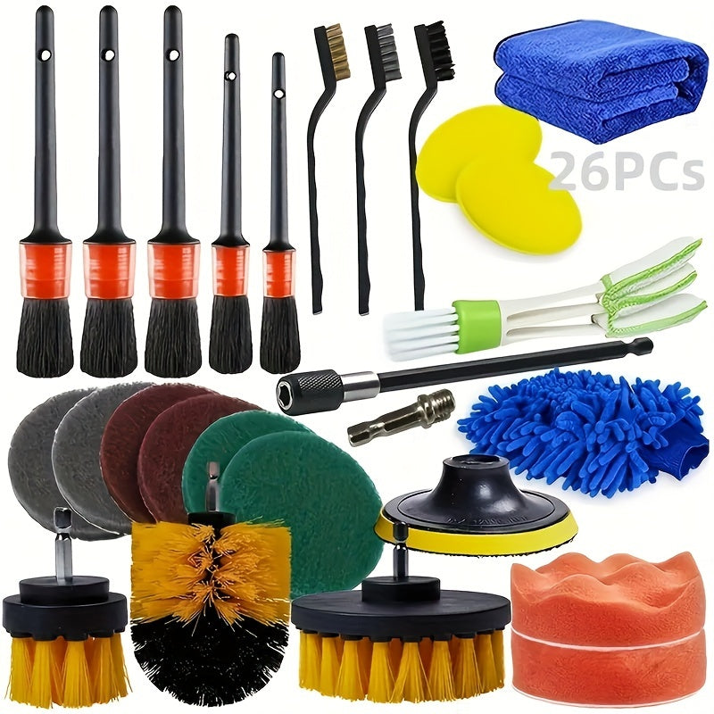 Set of 26 car detailing brushes including wheel brushes, air vent brush, buffing sponge pads kit, washing mitt, and cleaning cloth. Perfect for home and auto detailing with drill brushes, scrub pads, and other cleaning supplies.