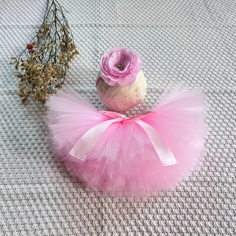 Pink tulle skirt and headband set for infant girls, perfect for a newborn ballet costume or birthday outfit. This adorable set also makes a great newborn photo prop, made from high-quality nylon material.