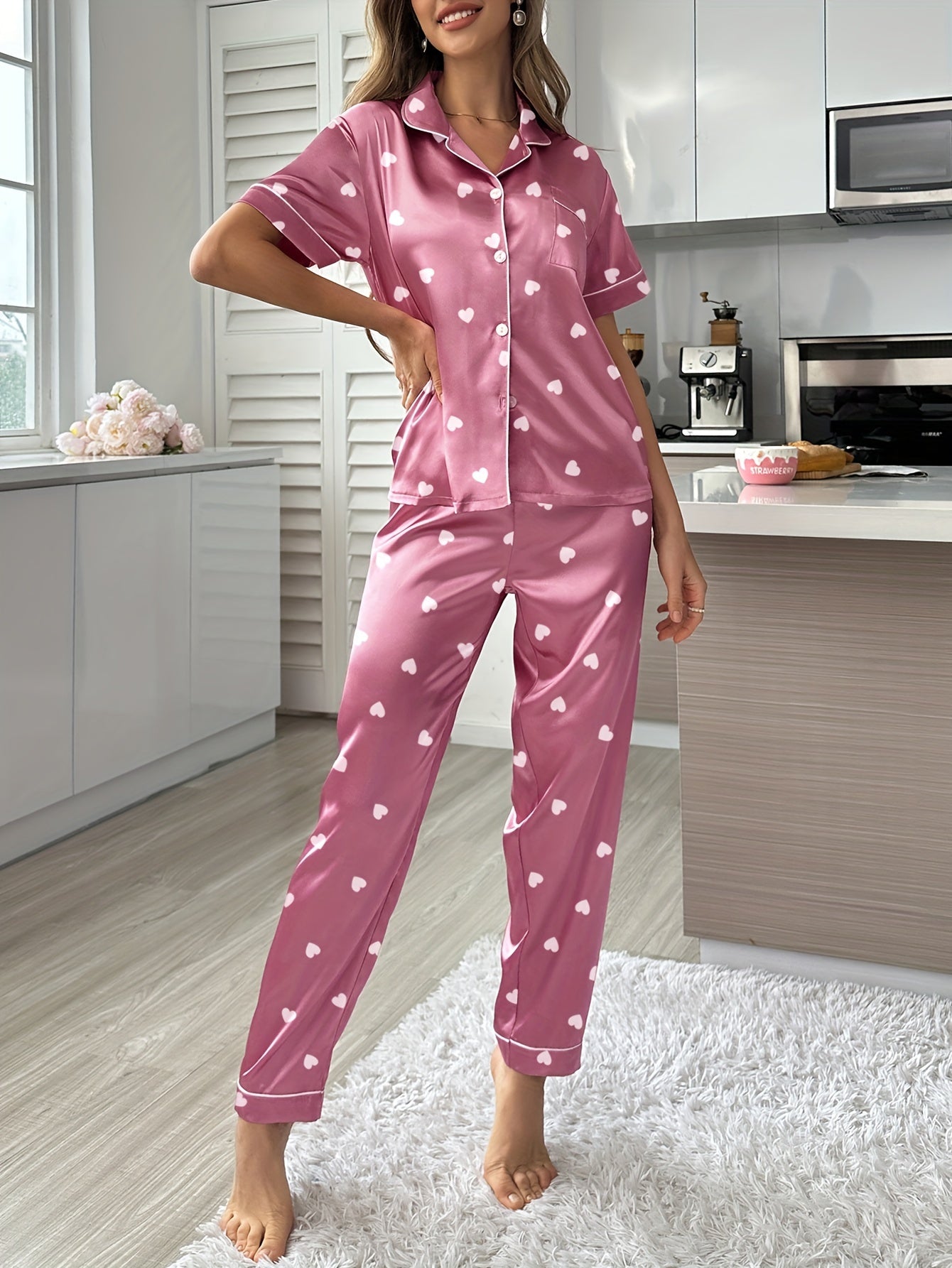 Women's Satin Pajama Set with Heart Print Top and Elastic Pants