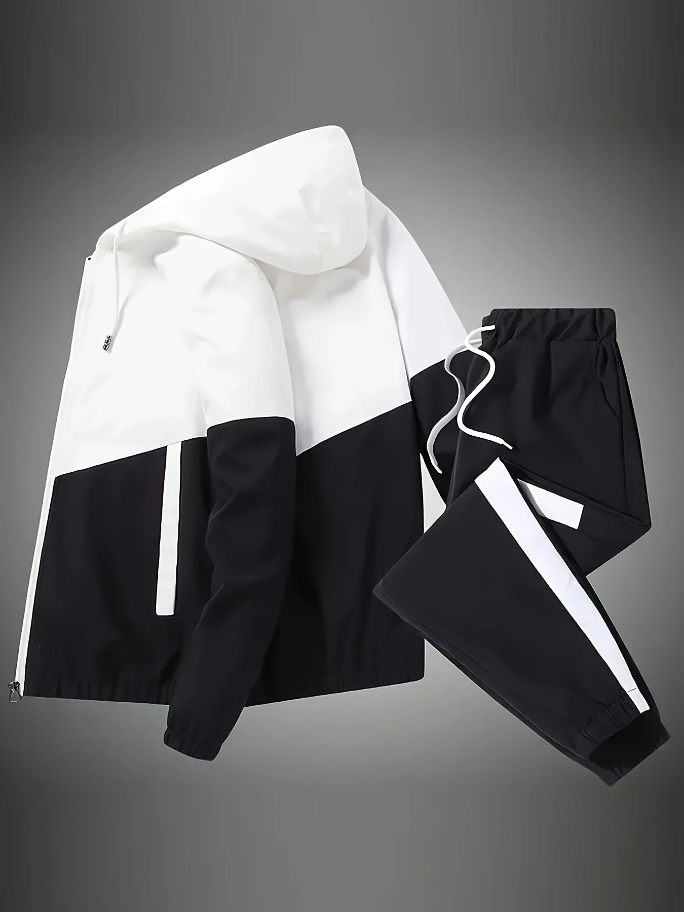 Men's sports casual suit with patchwork color, hooded jacket.