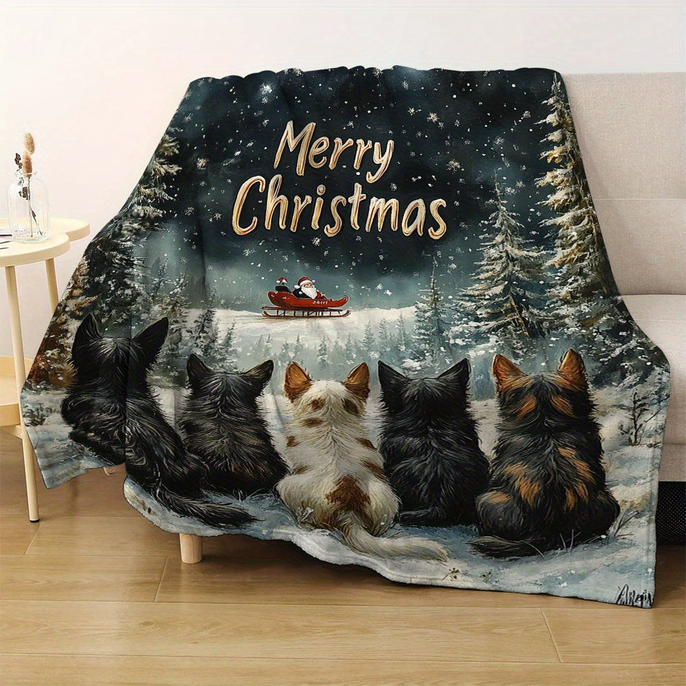 Soft and cozy Merry Christmas dog print flannel fleece throw blanket perfect for all seasons. This machine washable and breathable blanket is made of 200-250g polyester that is fade-resistant. With a contemporary style, this multi-purpose bed cover can