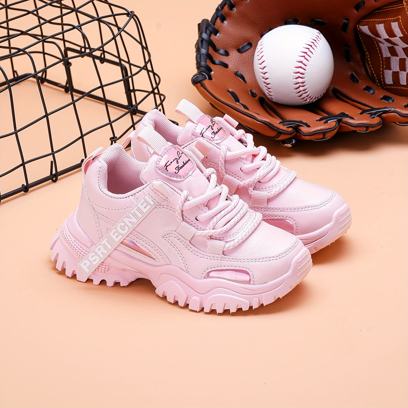 Breathable low-top sneakers for girls and boys with streamer design in pink and white, suitable for all-season wear for outdoor activities, running, and everyday use.