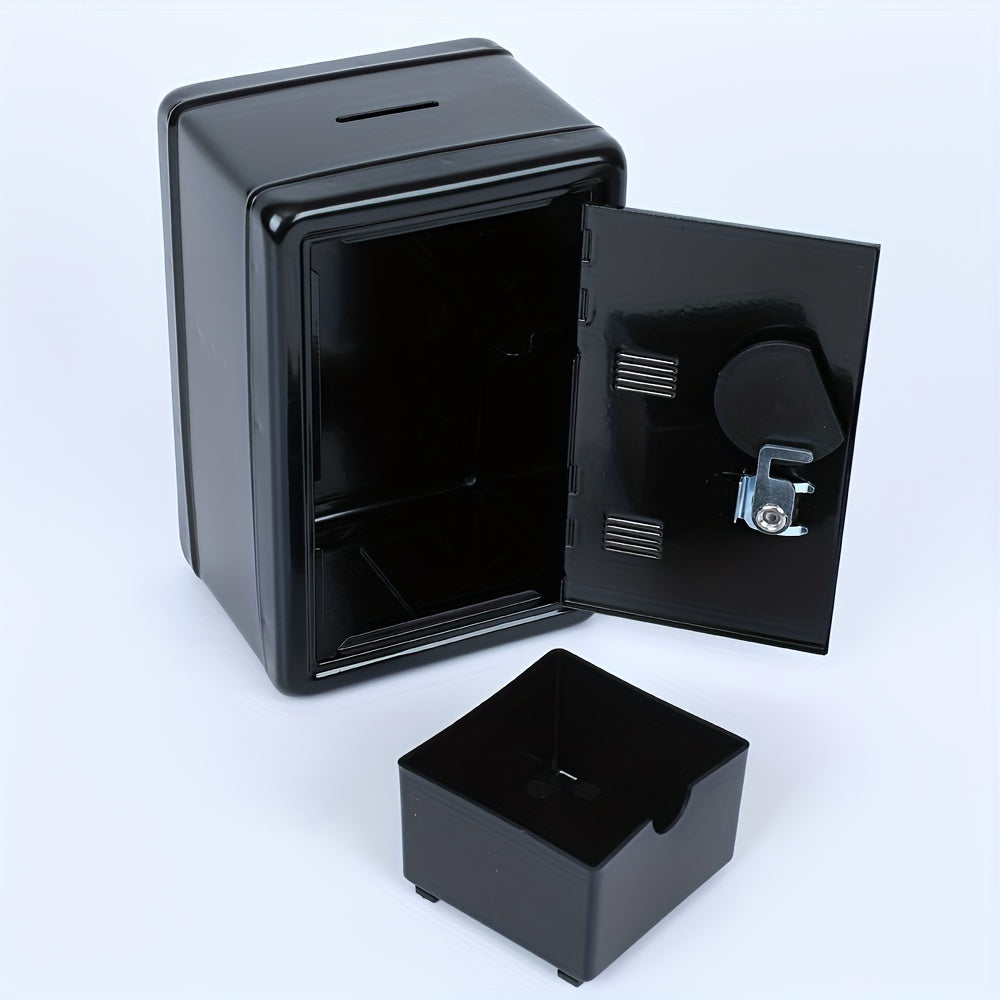 Mini safe bank with combination lock and key for storing money, jewelry, and documents at home. Dimensions: 17.78cm x 11.94cm x 9.91cm, black.