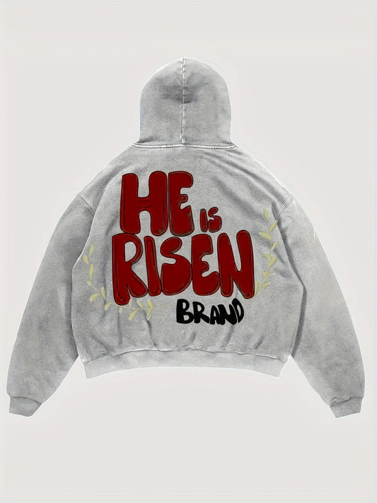 Y2K style polyester hoodie with "He is Risen" graphic, kangaroo pocket, and long sleeves for all seasons.