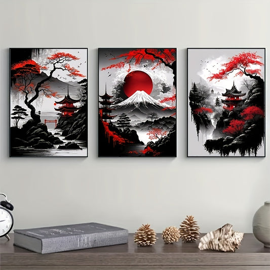 3 piece Japanese natural landscape canvas paintings of black and red vintage ink art posters for home decor in living room or bedroom. Frame not included.