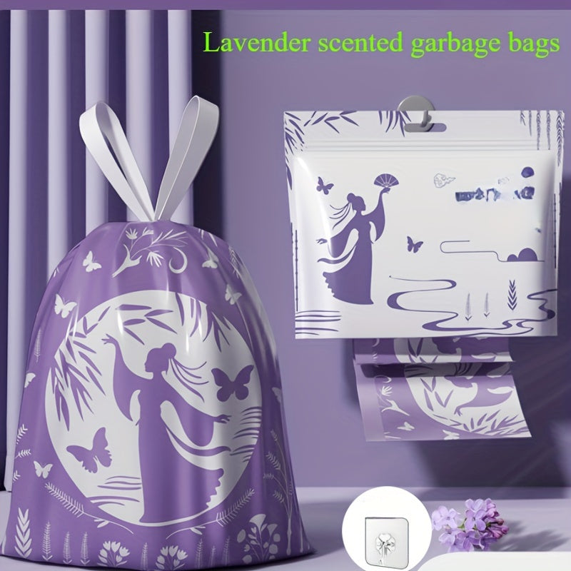 80 Lavender Scented Garbage Bags, each roll contains 1 bag. These hanging drawstring trash bags are conveniently dispensed from a wall-mounted dispenser. Made from durable PE material, they are suitable for use in the home, kitchen, outdoor spaces, cars