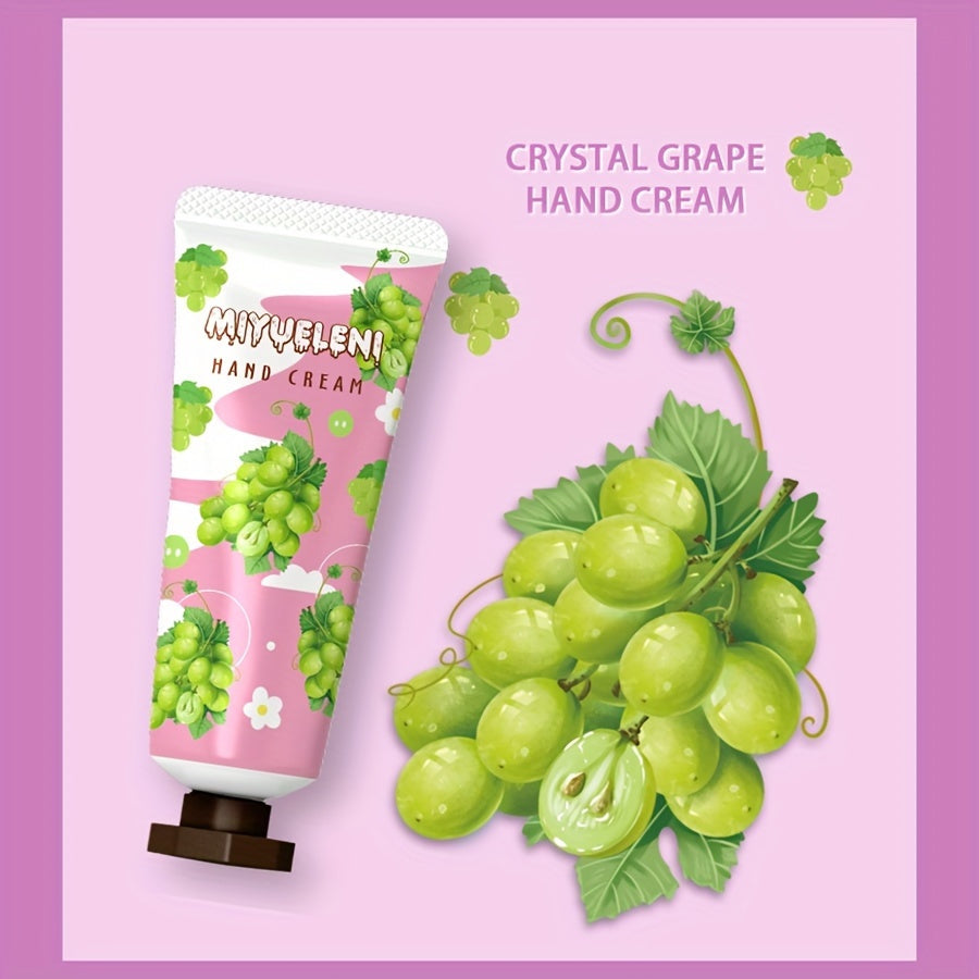 5-piece hand cream gift set with fruit and plant-based moisturizing lotion for all skin types. Alcohol-free, with glycerin and vitamin E infusion, non-greasy daily hand care. Ideal for dry