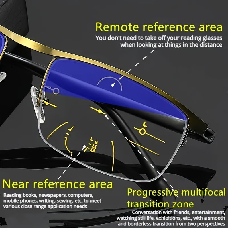 1 pair of progressive multi-focus reading glasses with semi-frame rectangular design for both men and women. Available in 3 colors with a mirror case.