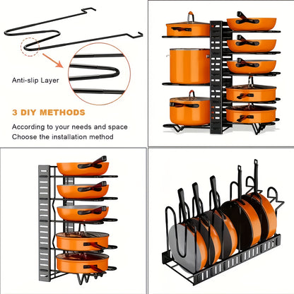 8-Tier Heavy-Duty Iron Pot Rack Organizer with Rust-Resistant Coating, Anti-Slip Layers, Space-Saving Design for Home and Restaurant Use.