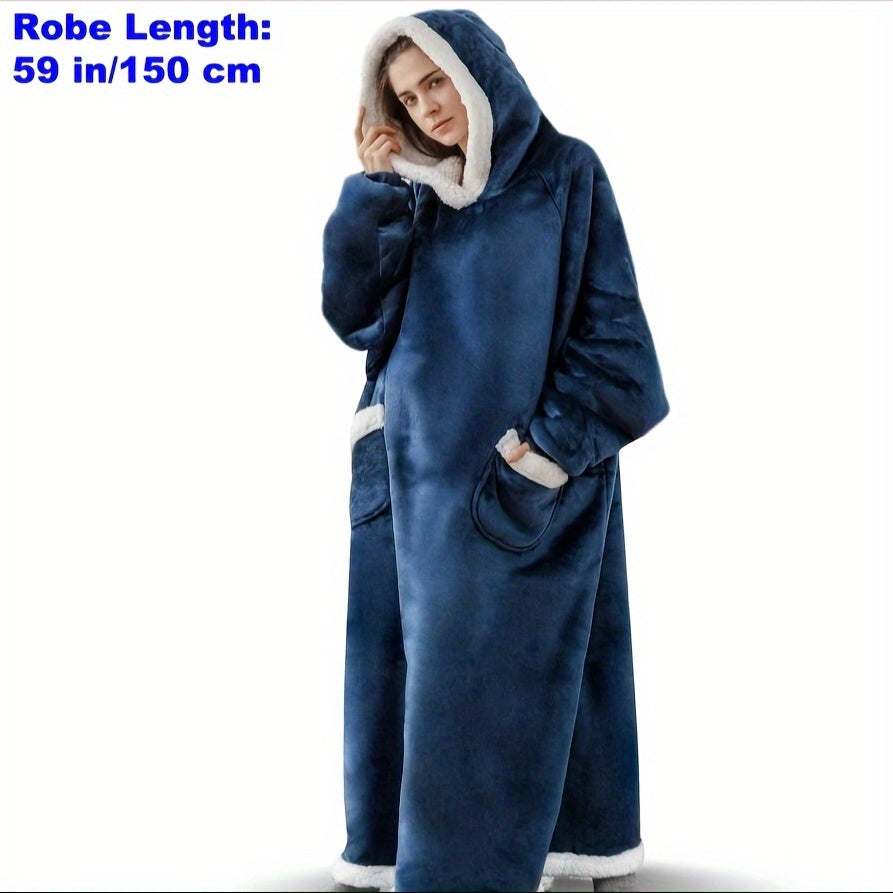 Vintage Blue with White Fur Trim Extra-Long Ultra-Soft Wearable Blanket Hoodie - Cozy Sweatshirt Robe with Pockets for Men & Women - Hypoallergenic and Machine Washable